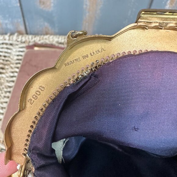 Whiting & Davis Vintage Alumesh Scallop Edge Rhinestone Clasp Mini Bag Cream - Picture 10 of 16